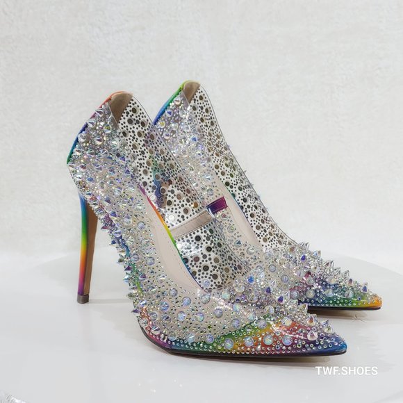 Spicy Stiletto PVC Clear Pumps Rainbow Colorful Studs & Rhinestone Pumps Hi… - Picture 11 of 14